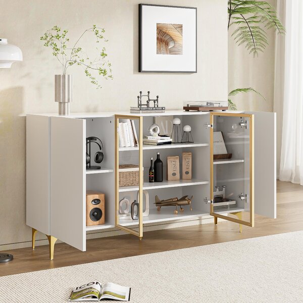 Fortuna Lai Elegantní 4dveřová komoda bílá se sklem a kovem, moderní design, bez úchytek, velký úložný prostor, komoda do obývacího pokoje, jídelny, komoda, skříň, vysoká kvalita