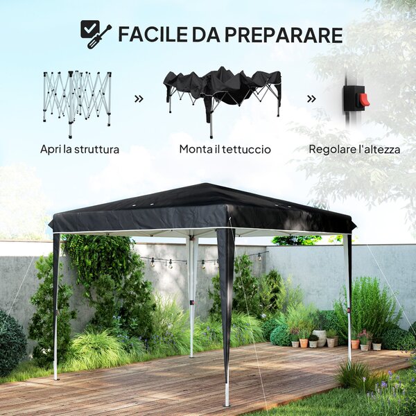 Zahradní altán Outsunny 3x3 m Skládací Pop Up Nastavitelná Výška s Odtokovými Otvory, Kovová Konstrukce a Oxfordská Tkanina s Taškou na Přenášení, UV5