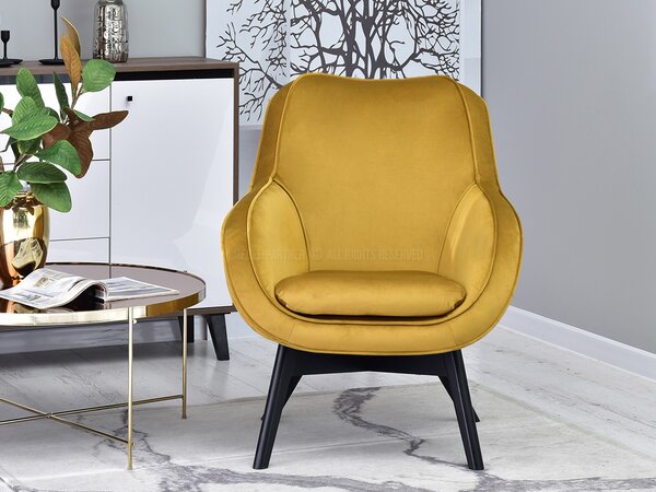 Designové křeslo Merch (zlatá + dub). Akce -14%