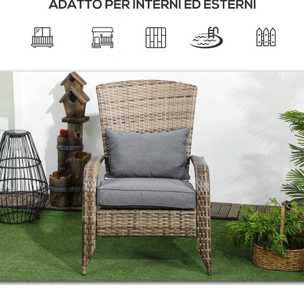 Zahradní křeslo Outsunny Adirondack s opěrkami a polstry, ratanové a ocelové křeslo pro interiér i exteriér, 64x80x90 cm, tmavě šedé | Aosom