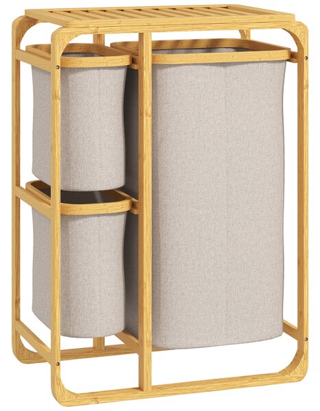 HOMCOM Úsporný Koš na Prádlo, Elegantní Koš s 3 Odnímatelnými Textilními Taškami a Policemi, Bambus, 50x32x69,7 cm, Bambus a Krémová Barva | Aosom