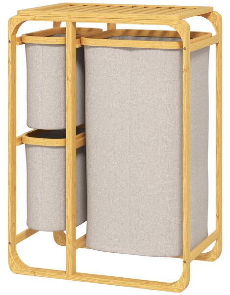 HOMCOM Úsporný Koš na Prádlo, Elegantní Koš s 3 Odnímatelnými Textilními Taškami a Policemi, Bambus, 50x32x69,7 cm, Bambus a Krémová Barva | Aosom