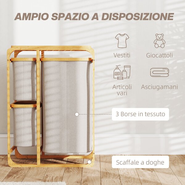 HOMCOM Úsporný Koš na Prádlo, Elegantní Koš s 3 Odnímatelnými Textilními Taškami a Policemi, Bambus, 50x32x69,7 cm, Bambus a Krémová Barva | Aosom
