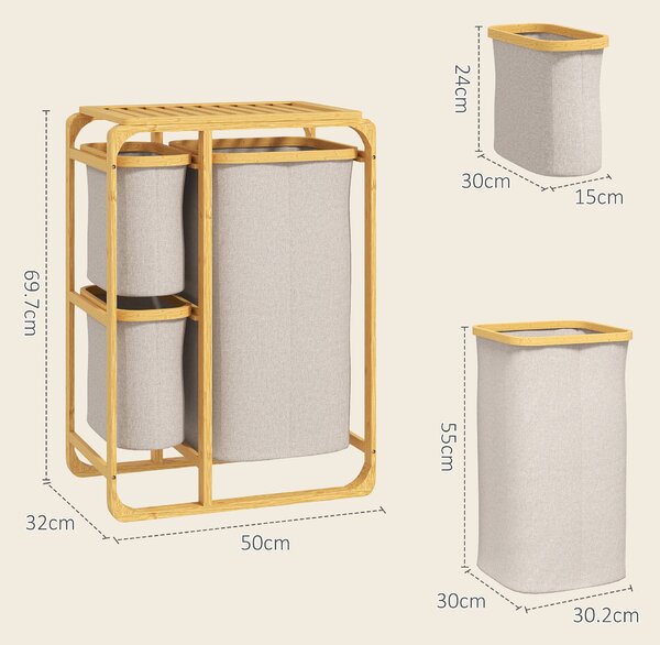 HOMCOM Úsporný Koš na Prádlo, Elegantní Koš s 3 Odnímatelnými Textilními Taškami a Policemi, Bambus, 50x32x69,7 cm, Bambus a Krémová Barva | Aosom
