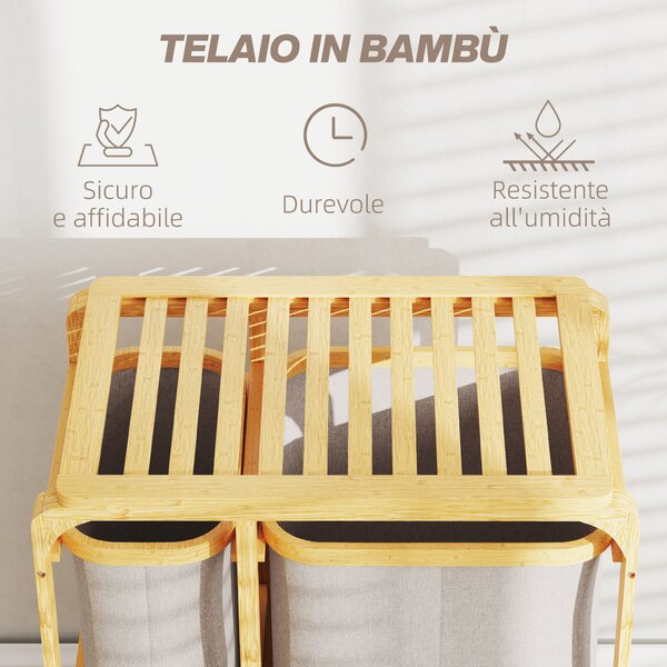 HOMCOM Úsporný Koš na Prádlo, Elegantní Koš s 3 Odnímatelnými Textilními Taškami a Policemi, Bambus, 50x32x69,7 cm, Bambus a Krémová Barva | Aosom