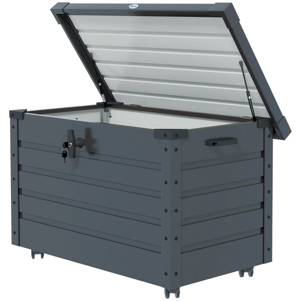Outsunny 295L Zahradní úložný box s zámkem, 2 madly a 4 koly, Zinkovaná ocel, 100x62x65 cm, Tmavě šedá | Aosom