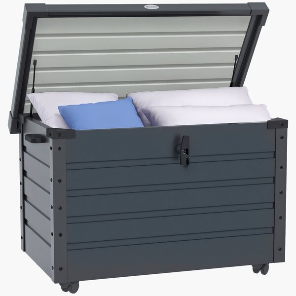 Outsunny 295L Zahradní úložný box s zámkem, 2 madly a 4 koly, Zinkovaná ocel, 100x62x65 cm, Tmavě šedá | Aosom