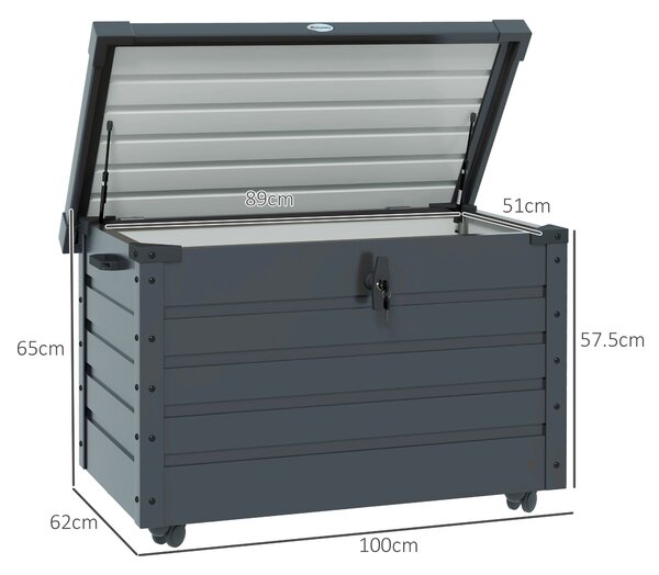Outsunny 295L Zahradní úložný box s zámkem, 2 madly a 4 koly, Zinkovaná ocel, 100x62x65 cm, Tmavě šedá | Aosom