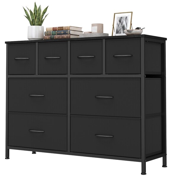 SONGMICS Komoda s 8 zásuvkami z látky, úložná skříň s kovovou konstrukcí, rozměry 98,7 x 30 x 74,7 cm, černá barva