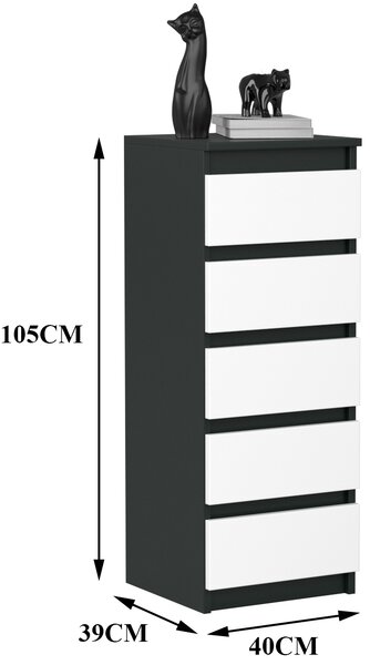 VBChome Komoda s 5 zásuvkami 40 x 39 x 105 cm Černá s bílou Bezúchytková komoda Víceúčelová skříňka do předsíně Ložnice Obývací pokoj