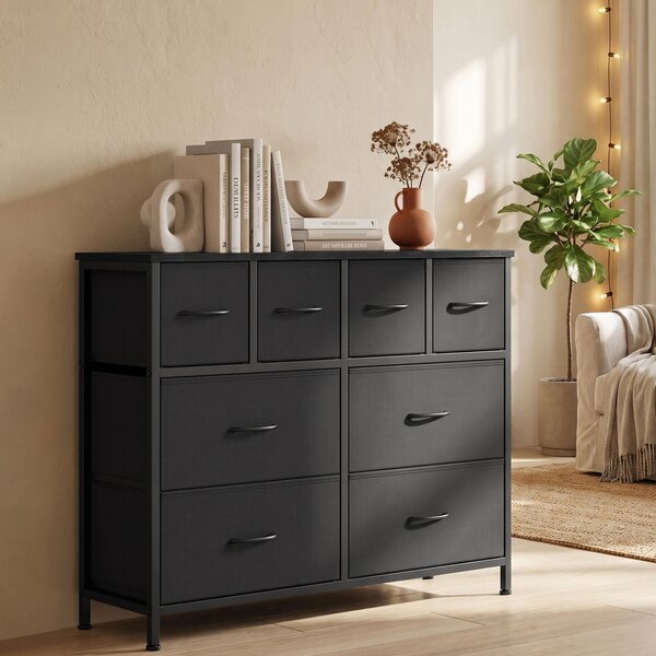 SONGMICS Komoda s 8 zásuvkami z látky, úložná skříň s kovovou konstrukcí, rozměry 98,7 x 30 x 74,7 cm, černá barva