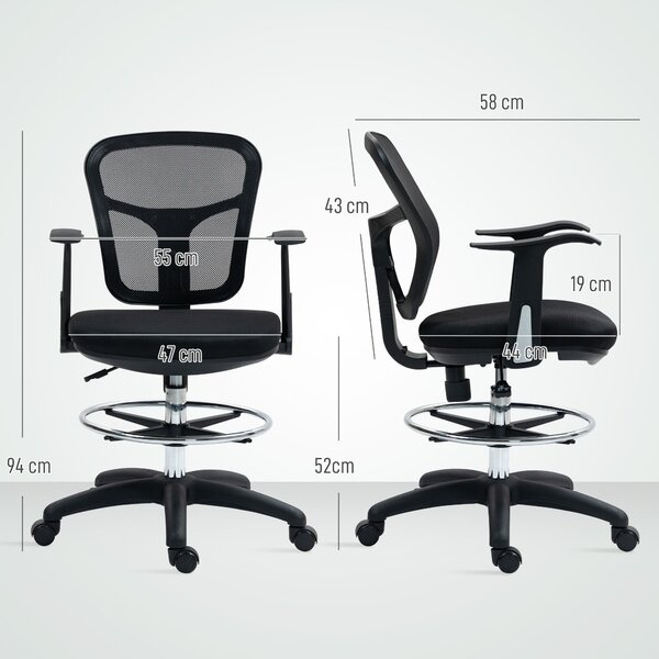 HOMCOM Otočná kancelářská židle s podnožkou a zakřiveným opěradlem, ergonomická židle z polyesteru, pěny a plastu, výškově nastavitelná, 55x58x94 cm