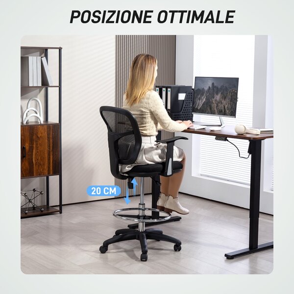 HOMCOM Otočná kancelářská židle s podnožkou a zakřiveným opěradlem, ergonomická židle z polyesteru, pěny a plastu, výškově nastavitelná, 55x58x94 cm