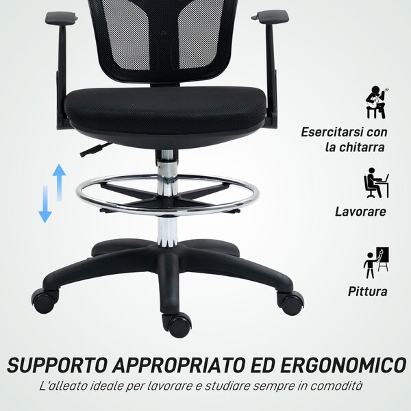 HOMCOM Otočná kancelářská židle s podnožkou a zakřiveným opěradlem, ergonomická židle z polyesteru, pěny a plastu, výškově nastavitelná, 55x58x94 cm