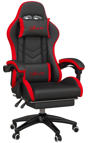 Ergonomická herní židle Vinsetto z PU kůže a oceli s opěrkou hlavy a nastavitelnou výškou, sklápěcí opěrkou a bederním polštářem, 65x65x121-129 cm, če