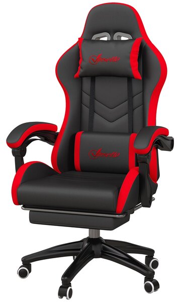 Ergonomická herní židle Vinsetto z PU kůže a oceli s opěrkou hlavy a nastavitelnou výškou, sklápěcí opěrkou a bederním polštářem, 65x65x121-129 cm, če