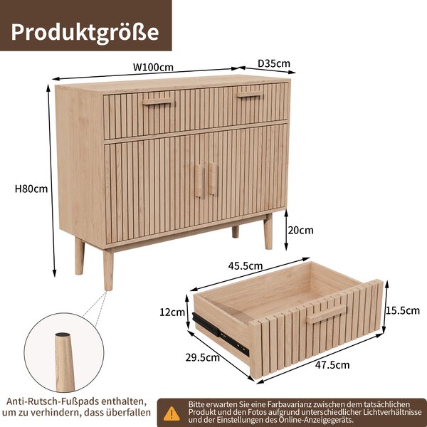 Jídelní příborník Fortuna Lai se 2 zásuvkami a 2 skříňkami - přírodní barvy dřeva, š100 cm x hl35 cm x v80 cm