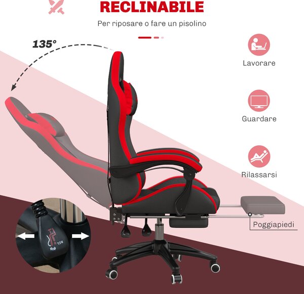 Ergonomická herní židle Vinsetto z PU kůže a oceli s opěrkou hlavy a nastavitelnou výškou, sklápěcí opěrkou a bederním polštářem, 65x65x121-129 cm, če