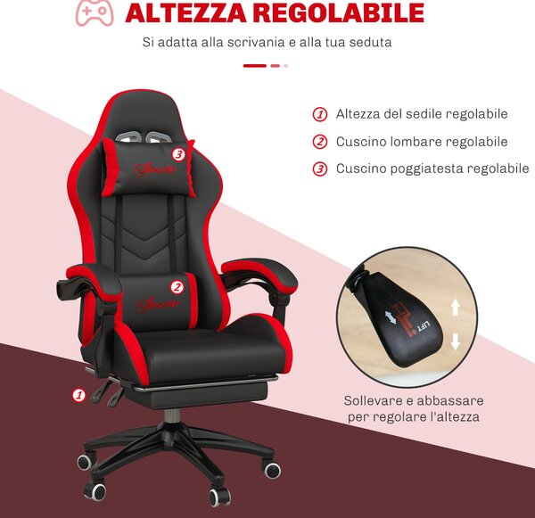 Ergonomická herní židle Vinsetto z PU kůže a oceli s opěrkou hlavy a nastavitelnou výškou, sklápěcí opěrkou a bederním polštářem, 65x65x121-129 cm, če