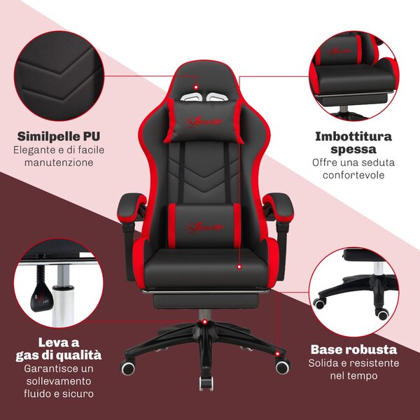 Ergonomická herní židle Vinsetto z PU kůže a oceli s opěrkou hlavy a nastavitelnou výškou, sklápěcí opěrkou a bederním polštářem, 65x65x121-129 cm, če