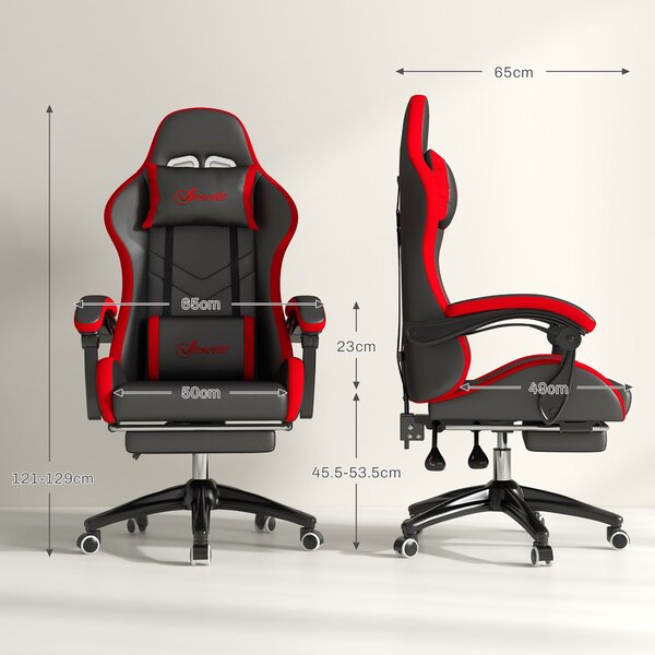 Ergonomická herní židle Vinsetto z PU kůže a oceli s opěrkou hlavy a nastavitelnou výškou, sklápěcí opěrkou a bederním polštářem, 65x65x121-129 cm, če