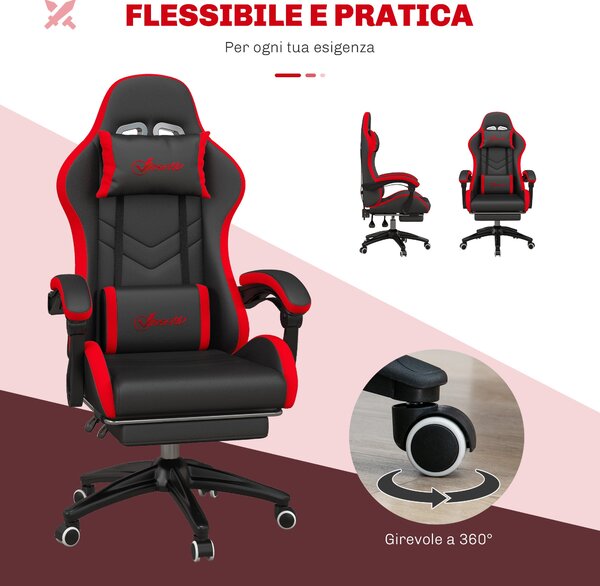 Ergonomická herní židle Vinsetto z PU kůže a oceli s opěrkou hlavy a nastavitelnou výškou, sklápěcí opěrkou a bederním polštářem, 65x65x121-129 cm, če