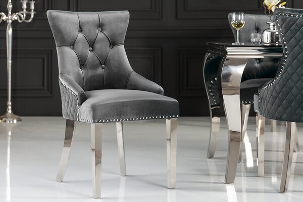 Riess-ambiente Elegantní židle CASTLE DELUXE šedý samet Chesterfield designová jídelní židle nýty jídelní židle jídelní židle