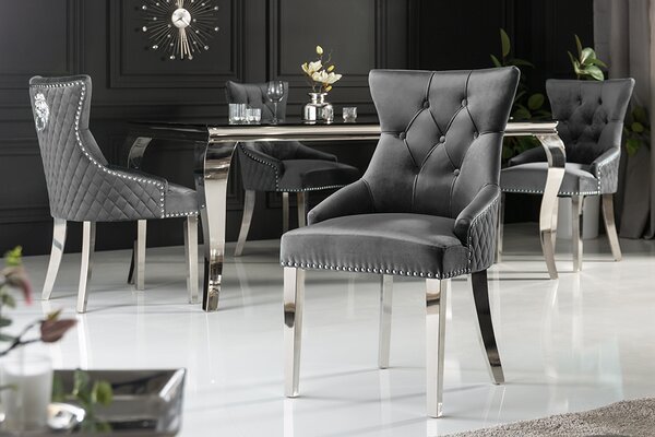 Riess-ambiente Elegantní židle CASTLE DELUXE šedý samet Chesterfield designová jídelní židle nýty jídelní židle jídelní židle