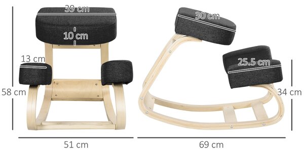 Ergonomická klečící židle Vinsetto s rámem z březového dřeva, molitanovým a polyesterovým polstrováním pro domácnost a kancelář, černá | Aosom