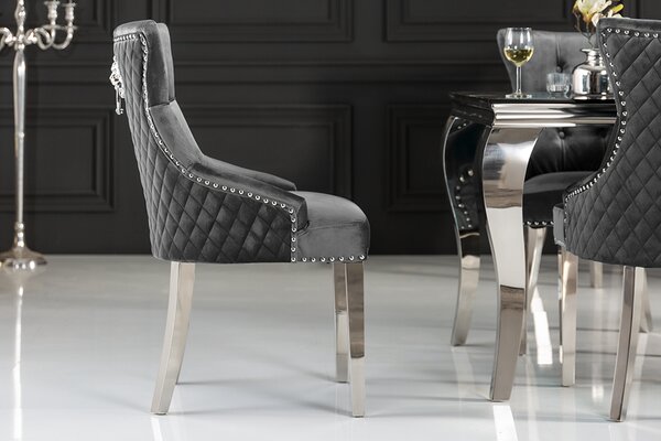 Riess-ambiente Elegantní židle CASTLE DELUXE šedý samet Chesterfield designová jídelní židle nýty jídelní židle jídelní židle