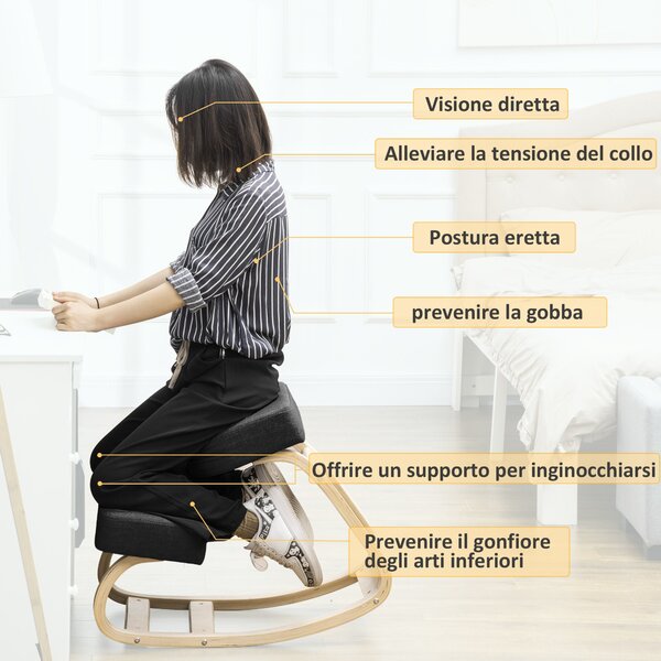 Ergonomická klečící židle Vinsetto s rámem z březového dřeva, molitanovým a polyesterovým polstrováním pro domácnost a kancelář, černá | Aosom
