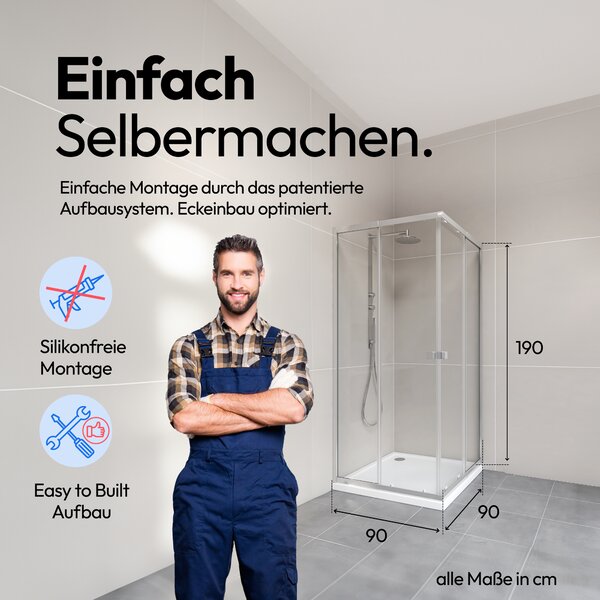Sprchový kout 90x90 MARWELL Flexi 77-90x77-90-190 cm Rohový sprchový kout s vysoce kvalitními nastavitelnými hliníkovými profily ve stříbrné matné barvě Sprchový kout s výklopným sprchovým koutem