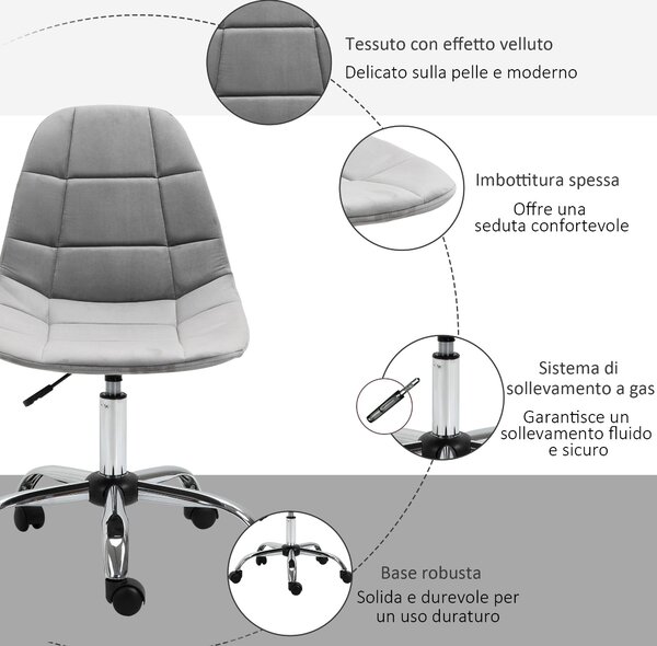 Vinsetto otočná židle, ergonomický a nastavitelný design bez opěrek, šedá, 59x59x81-91cm | Aosom
