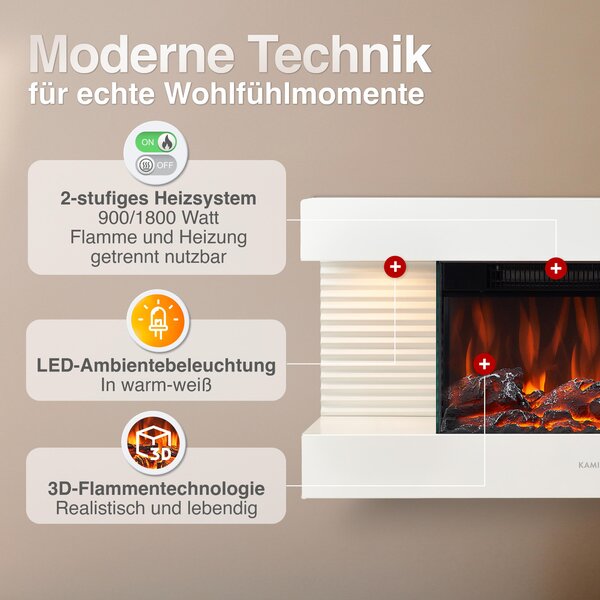 Elektrický krb KAMINIO LIZ - Elektrický nástěnný krb s vytápěním, 3D efektem plamene, LED ambientním světlem, dálkovým ovládáním - bílý