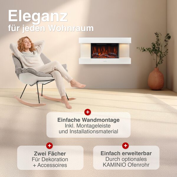 Elektrický krb KAMINIO LIZ - Elektrický nástěnný krb s vytápěním, 3D efektem plamene, LED ambientním světlem, dálkovým ovládáním - bílý