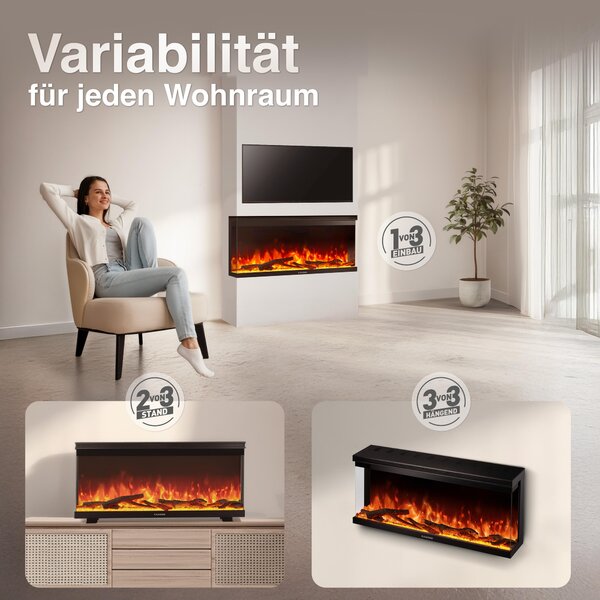 KAMINIO Elektrický krb LEA - Elektrický krb 3 v 1 s panoramatickým výhledem, topením, 3D efektem plamene, 12 barev plamene, dálkové ovládání - 36 palců