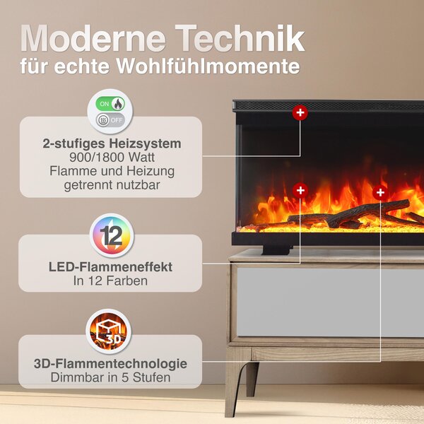 KAMINIO Elektrický krb LEA - Elektrický krb 3 v 1 s panoramatickým výhledem, topením, 3D efektem plamene, 12 barev plamene, dálkové ovládání - 36 palců