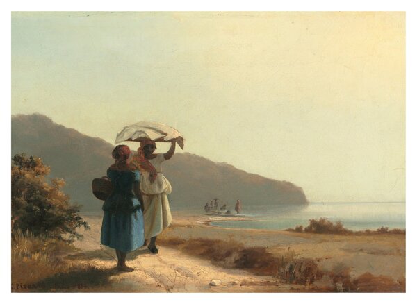 Skleněný obraz - Camille Pissarro, Two Women Chatting by the Sea, St. Thomas, reprodukce (70x50 cm)