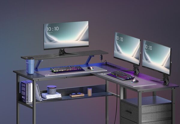 SONGMICS Rohový psací stůl se zásuvkami a LED Vasagle Bora černý