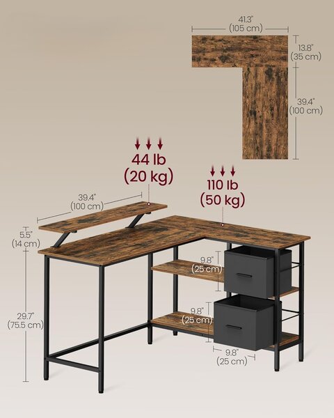 SONGMICS Rohový psací stůl Vasagle Very hnědo-černý