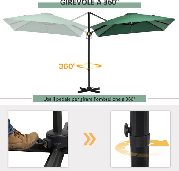 Zahradní slunečník Outsunny s kličkou 2,5x2,5m s 360° rotací, slunečník na balkon s podstavcem, ventilací a nastavitelným zastíněním na 5 úrovních, Ze