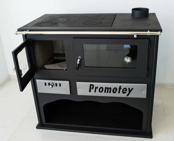 Kamna na dřevo s troubou 11-15 kW PROMETEY Praktik-L - 3 plotýnky, litinová deska, integrovaná trouba, tradiční design