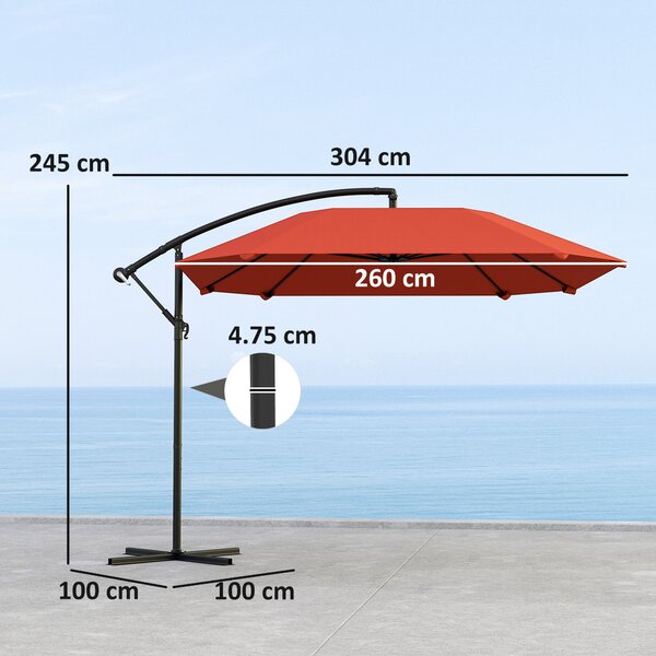 Outsunny Boční Slunečník 2,6x2,6 m s Větracími Otvory, 8 Žebříků, Křížovou Základnou a Kličkou, Nakloněný a 360° Otáčivý Zahradní Slunečník z Kovových