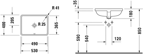 Duravit Starck 3 umyvadlo 49x36.5 cm obdélníkový pod pult bílá lesk 0305490000