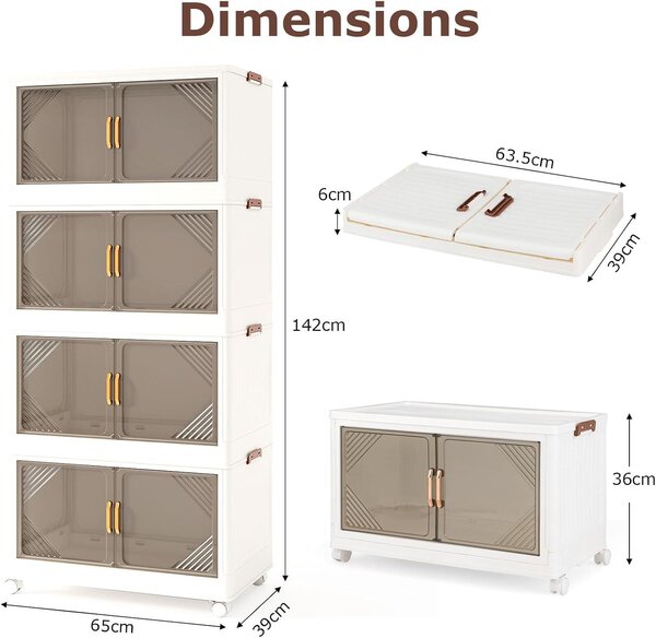 KOMFOTTEU skládací úložný box, stohovatelný úložný kontejner se 4 kolečky, plastová úložná věž s víkem (284L, 65 x 39 x 142 cm)