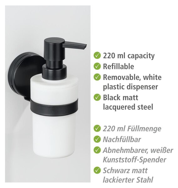 WENKO Static-Loc® Plus dávkovač mýdla Pavia černý, upevnění bez vrtání, bezpečné uchycení díky statické přilnavosti na hladkých, vzduchotěsných površích, objem 220 ml, 6 x 16 x 9 cm, matná ocel