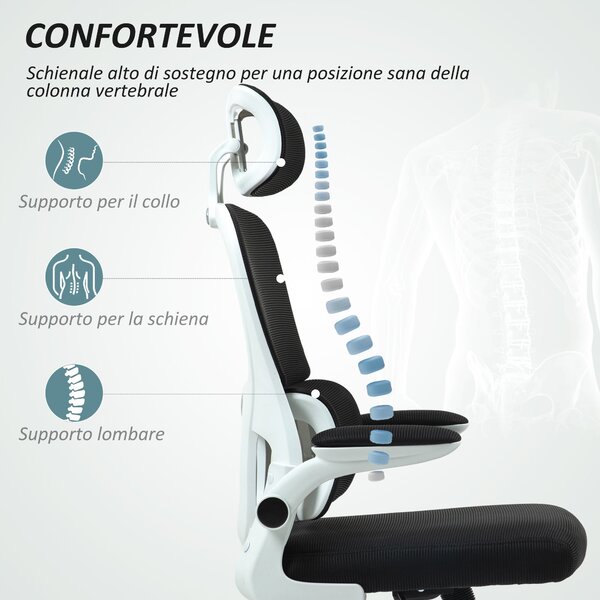 Ergonomická kancelářská židle HOMCOM s odnímatelnými područky a opěrkou hlavy, otočná židle s nastavitelnou výškou, bederní oporou a houpací funkcí v