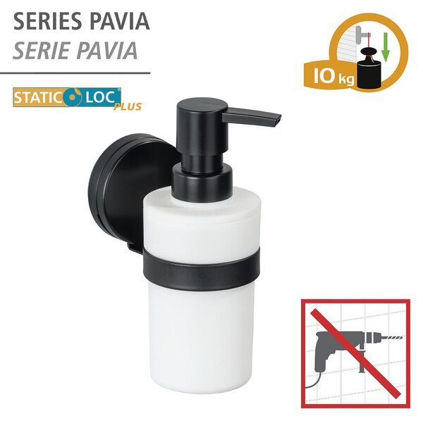 WENKO Static-Loc® Plus dávkovač mýdla Pavia černý, upevnění bez vrtání, bezpečné uchycení díky statické přilnavosti na hladkých, vzduchotěsných površích, objem 220 ml, 6 x 16 x 9 cm, matná ocel