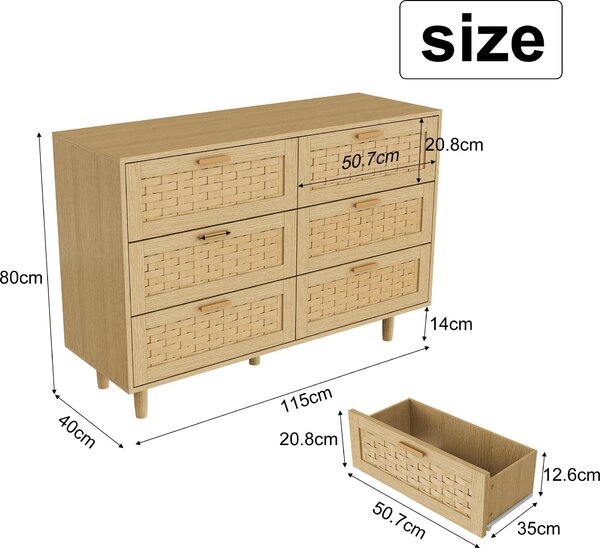Dřevěná komoda s 6 zásuvkami z ratanu, zvýšenými nohami, černými kovovými úchytkami, úložným prostorem, 115 × 40 × 80 cm, barva dubu