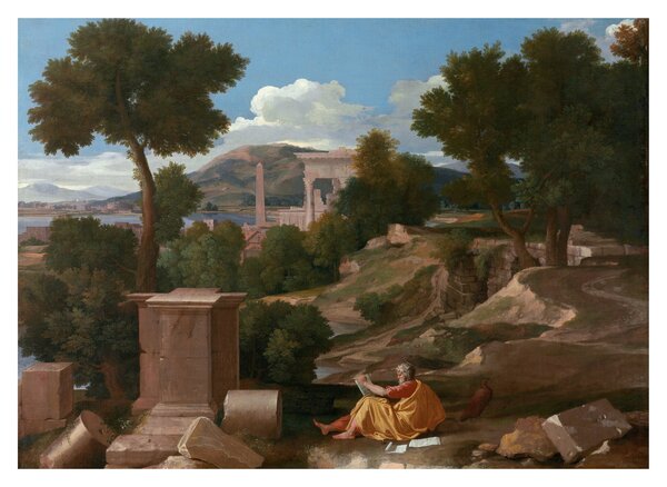 Skleněný obraz - Nicolas Poussin, Landscape with Saint John on Patmos, reprodukce (70x50 cm)